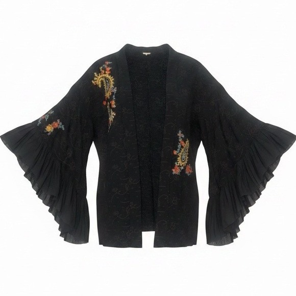 Free People Other - Free People Embroidered Paisley Kimono Cardigan Ruffle Bell Sleeve Black XS/S